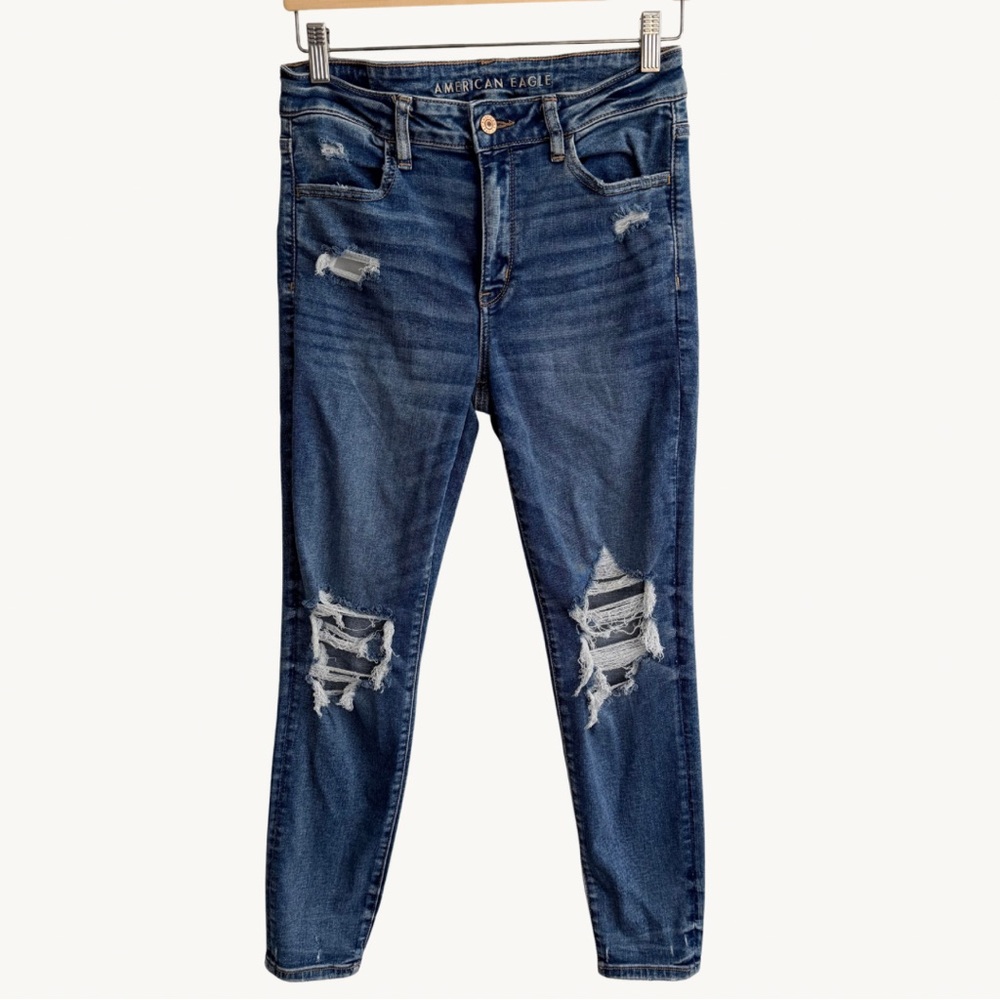 American Eagle Dark Blue Distressed High Rise Jeggings Skinny Jeans Size 8 Short